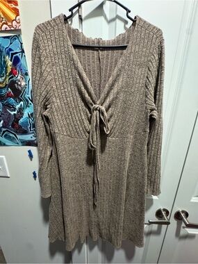 SHEIN Taupe Ribbed Knit Midi Dress with Tie-Front
